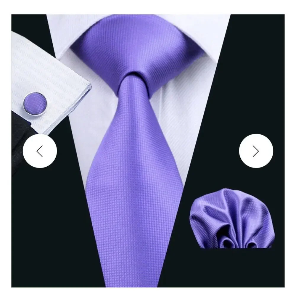Mens Barry-Wang Solid Purple Silk Necktie Handkerchief Cufflinks Set New!